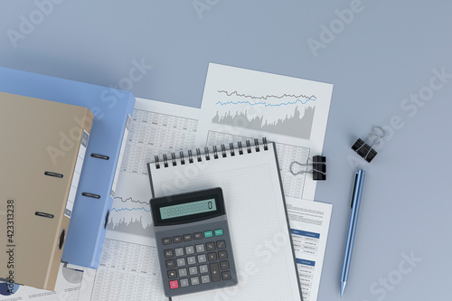 Accounting concept, documents, pen binders and calculator, 3d illustration photo