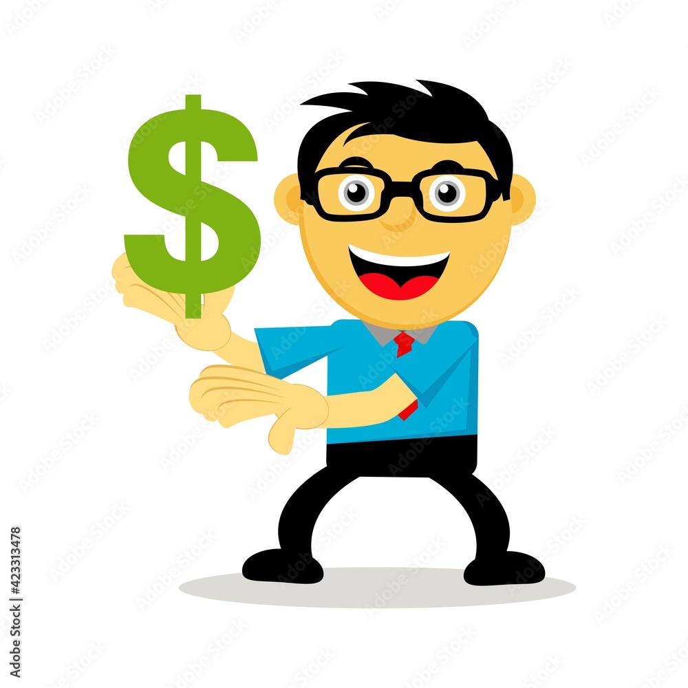 Illustration Vector Graphic of Successful businessman or employee in cartoon with glasses icon of money. Concept of invstment, saving money and get lots of profit Illustration Vector Graphic of Successful businessman or employee in cartoon with glasses icon of money. Concept of invstment, saving money and get lots of profit