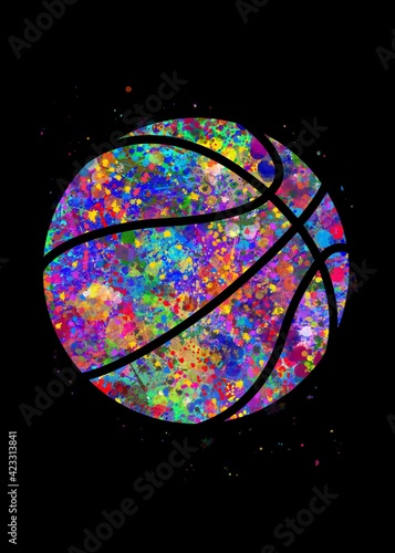 Basketball ball watercolor art with black background, abstract sport painting. ball art print, watercolor illustration rainbow, colorful, decoration wall art. © Yahya Art