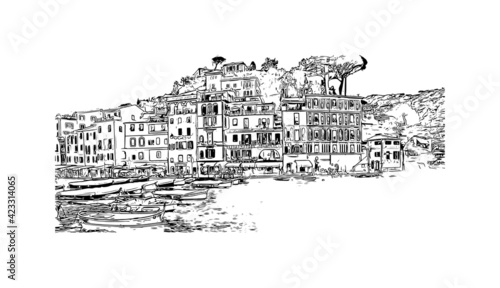 Building view with landmark of Portofino is the 
village in Italy. Hand drawn sketch illustration in vector.