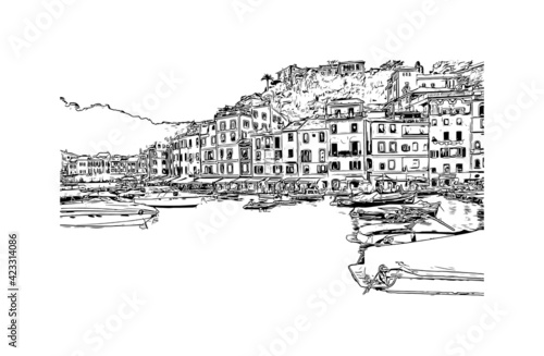 Building view with landmark of Portofino is the 
village in Italy. Hand drawn sketch illustration in vector.