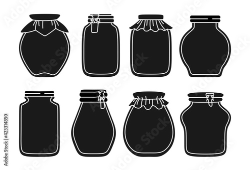 Empty jar doodle black glyph set. Contour label packaging jam drawing for notes, date or price. Cartoon juice tag or sticker. Frame product farmer market outline mockup vector illustration