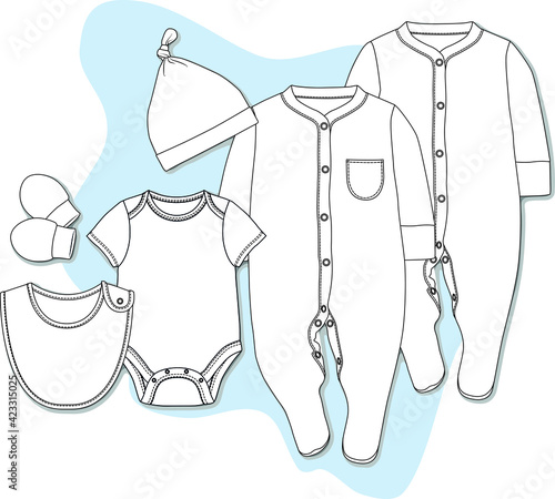 Baby clothing design set. Short sleeve bodysuit, long sleeve sleepsuit, Beanie, Booties, Mittens Set vector sketch. Baby clothes design template