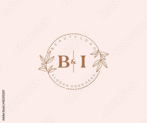initial BI letters Beautiful floral feminine editable premade monoline logo suitable for spa salon skin hair beauty boutique and cosmetic company.