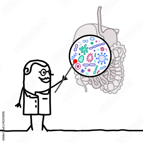 Photo Cartoon Doctor Explaining what is Micro-biota in the Digestive System