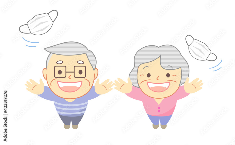 Illustration of an elderly person throwing a mask into the sky High angle Illustration of an elderly person throwing a mask into the sky High angle
