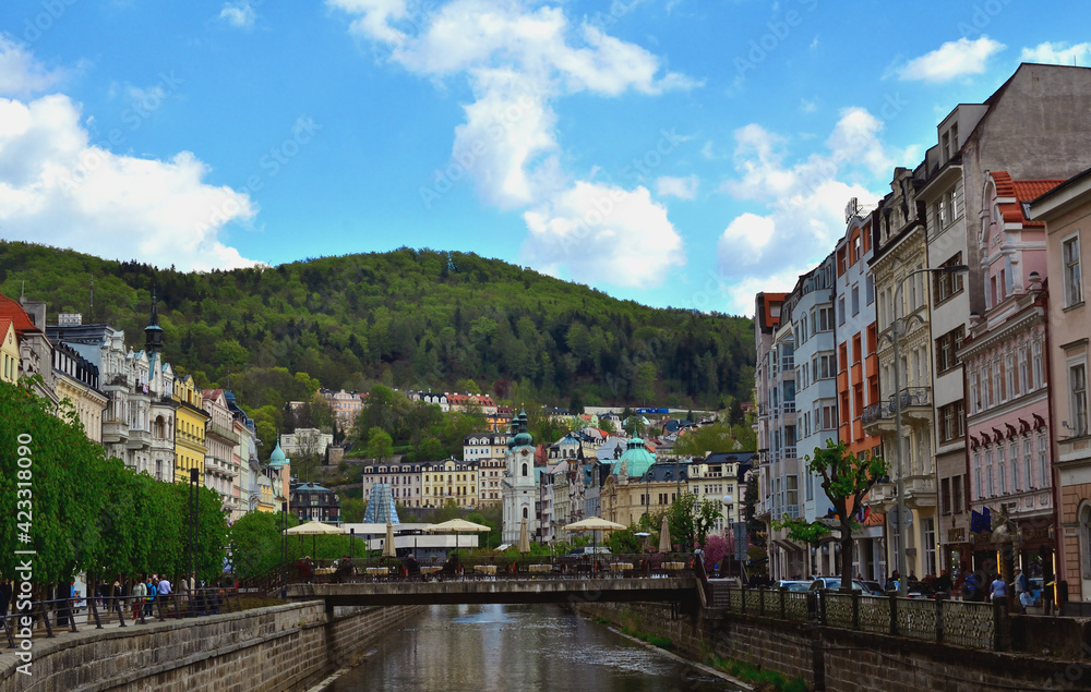 View along River Tepla toward St Mary Magdalene Church in Karlovy Vary, Czechia