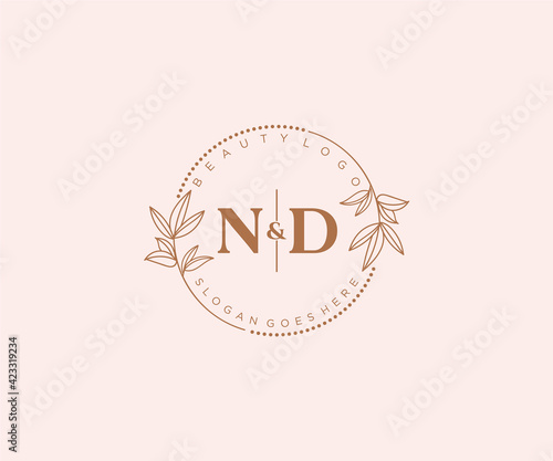 initial ND letters Beautiful floral feminine editable premade monoline logo suitable for spa salon skin hair beauty boutique and cosmetic company.