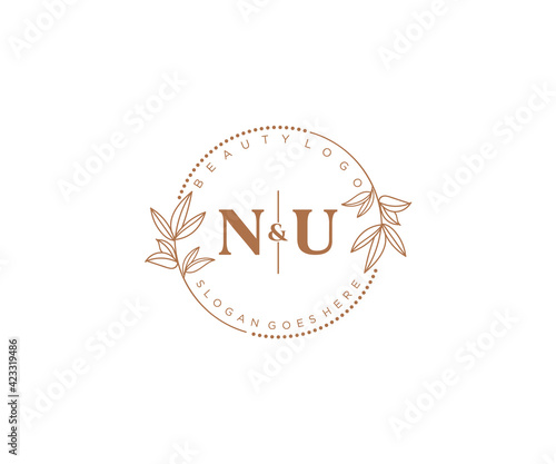 initial NU letters Beautiful floral feminine editable premade monoline logo suitable for spa salon skin hair beauty boutique and cosmetic company.