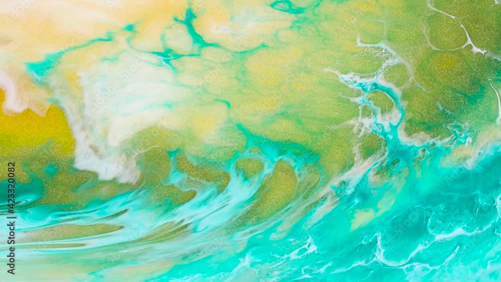 Fluid art drawing video, trendy acrylic texture with flowing effect. Liquid paint mixing artwork with splash and swirl. Detailed background motion with golden, mint and green overflowing colors. Fluid art drawing video, trendy acrylic texture with flowing effect. Liquid paint mixing artwork with splash and swirl. Detailed background motion with golden, mint and green overflowing colors.