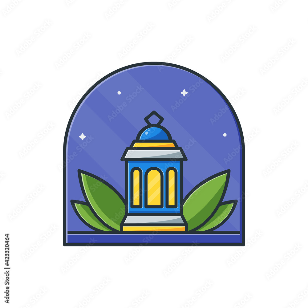 Ramadan badge sticker icon design with lantern lamp illustration