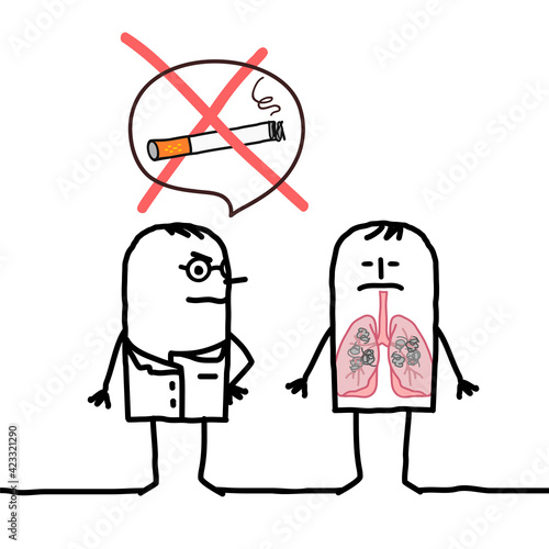 Cartoon Doctor saying "No Smoking" to a man with Pulmonary problems