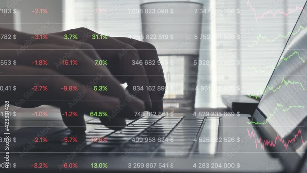 Typing hands on laptop keyboard , moving on the screen crypto currency board news 