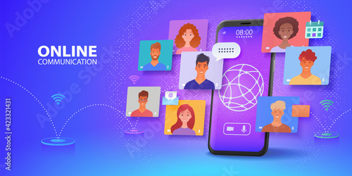 Virtual online communication via video conference app banner. Using smartphone chatting with colleagues via wireless network online. Vector illustration