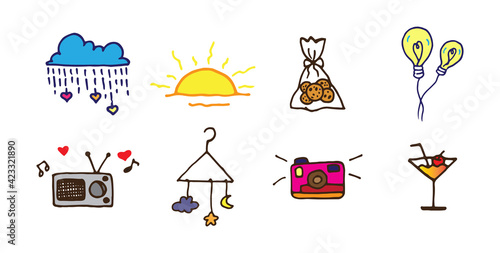 set of different clipart. fun and happy. camera, coctail, rainy day, bulb icon, cookies, sunset, radio, music, hanger with space. hand drawn vector. doodle art for logo, label, sticker, poster, advert