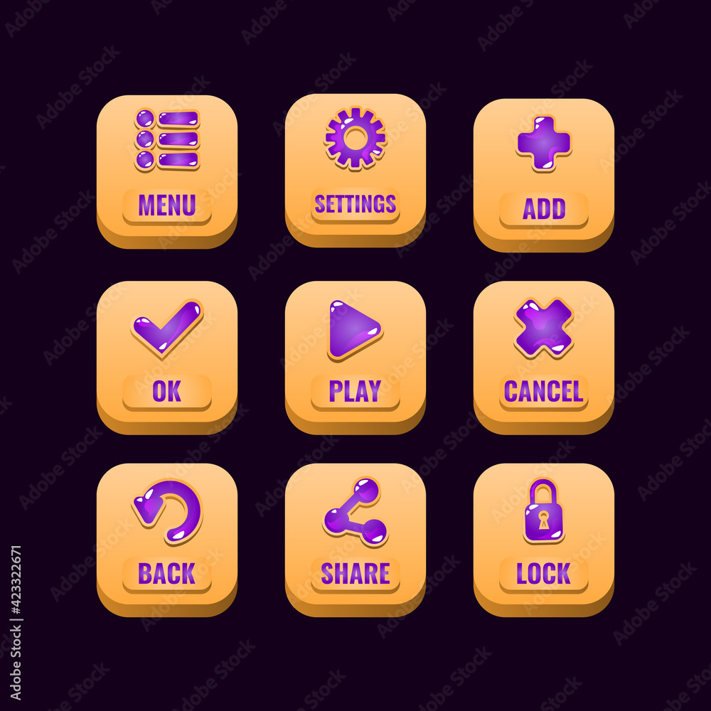collection set of square wooden buttons with jelly icons for game ui asset elements vector illustration collection set of square wooden buttons with jelly icons for game ui asset elements vector illustration