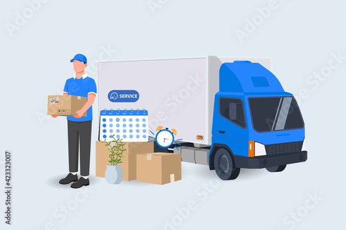 Date of Delivery service courier and truck shipping with a mobile smartphone on blue background