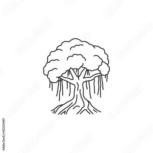Quadro em tela Line drawing banyan tree vector illustration