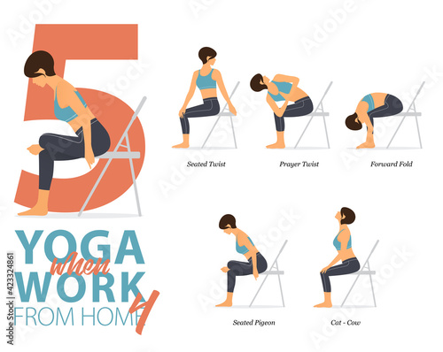 5 Yoga poses or asana posture for workout in working at home concept. Women exercising for body stretching. Fitness infographic. Flat cartoon vector