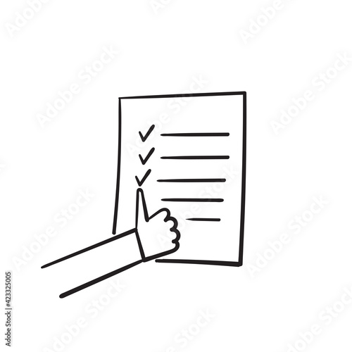 hand drawn doodle checklist document and thumb up illustration icon