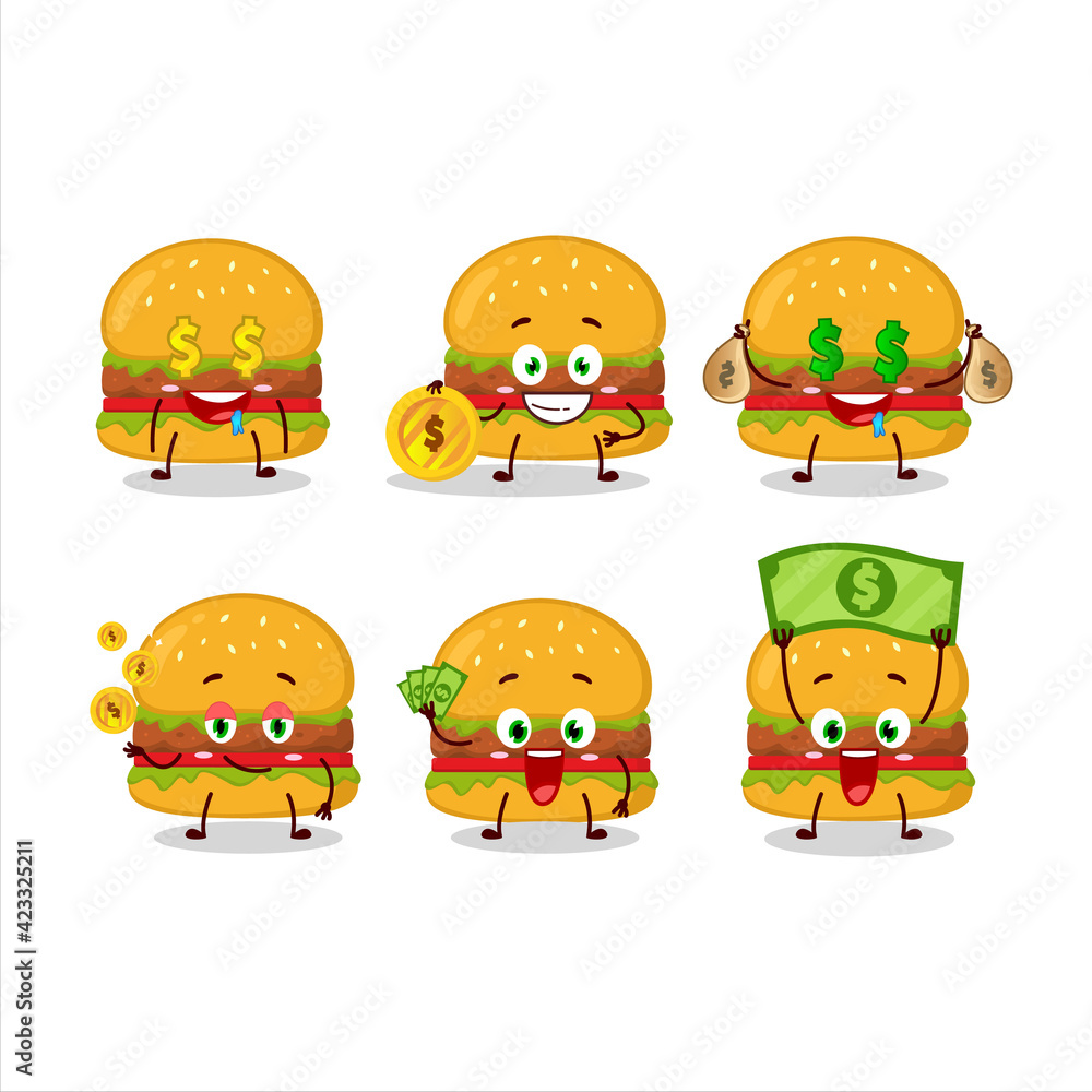 Hamburger cartoon character with cute emoticon bring money Hamburger cartoon character with cute emoticon bring money