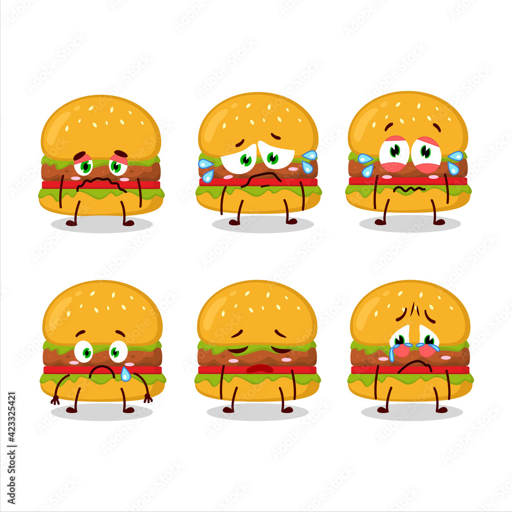 Hamburger cartoon in character with sad expression Hamburger cartoon in character with sad expression