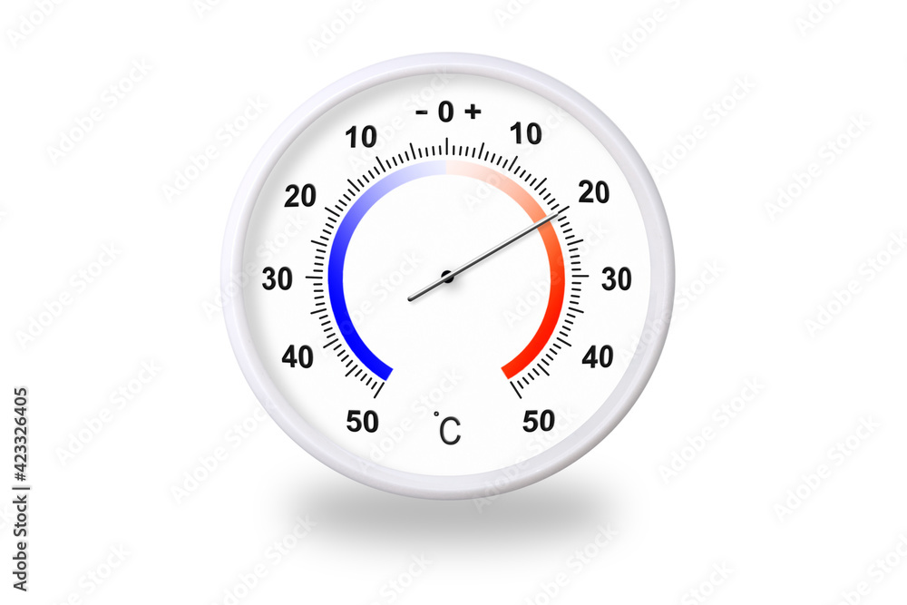 Outdoor thermometer on white background. Ambient temperature plus 20 degrees celsius