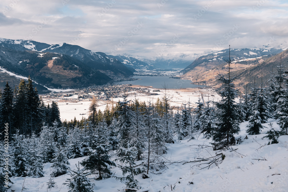 Zell am See with Zeller See Lake, an Alpine Winter Landscape with Snow Covered Mountains in Salzburg, Austria