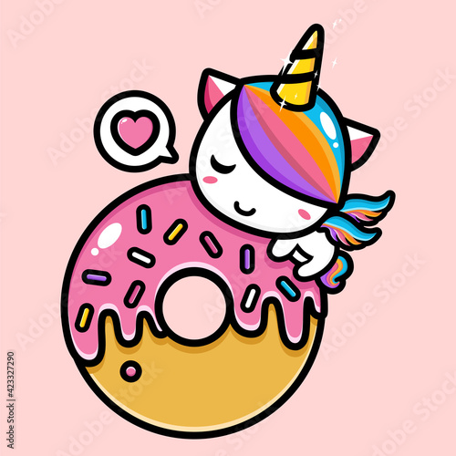 vector design of cute cartoon unicorn climbing and hugging big donut
