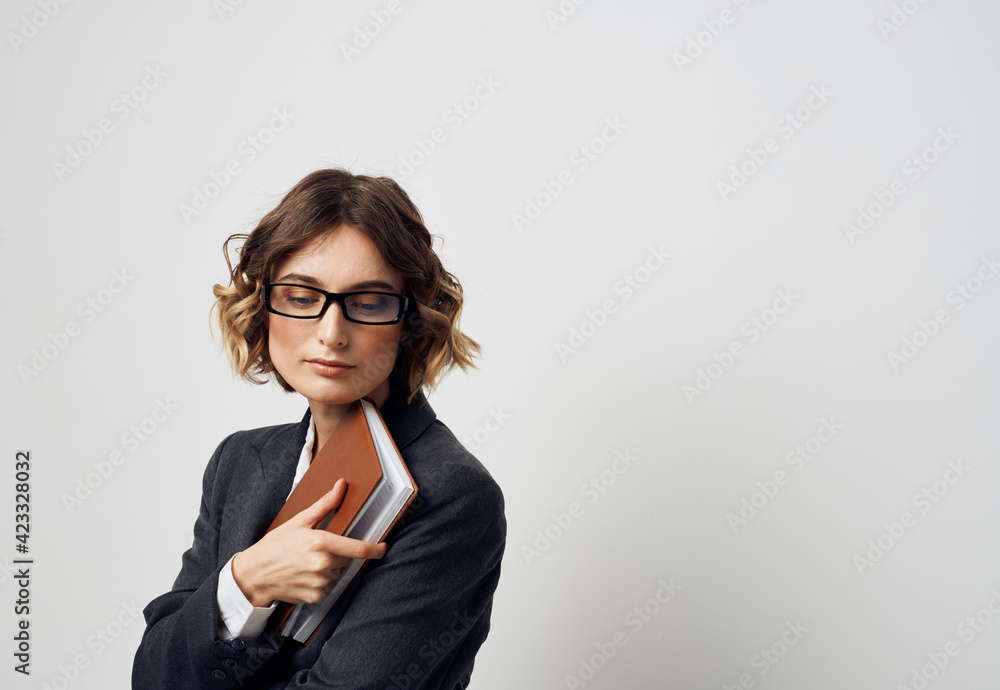 Woman with book classic suit Light shirt Copy Space Woman with book classic suit Light shirt Copy Space