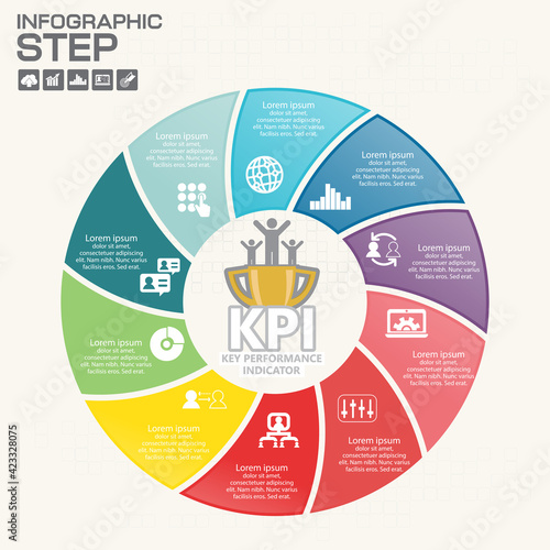 Infographics step by step. Pie chart, graph, diagram with 10 steps, options, parts, processes with small arrows. Vector business template for presentation and training.