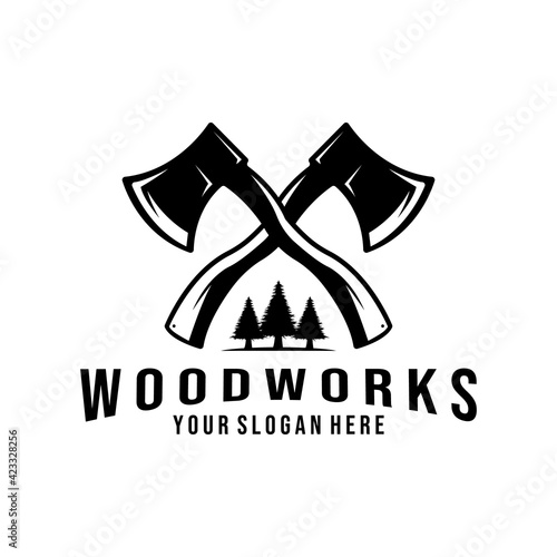 Crossed lumberjack vector axes logo Design element for poster, emblem, sign, banner. Vector illustration