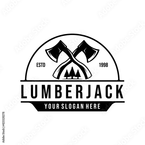 Crossed lumberjack logo axes vector emblem illustration design