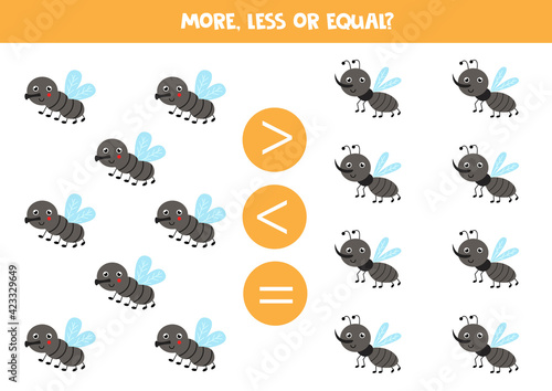 More, less, equal with cute flies and gnats.