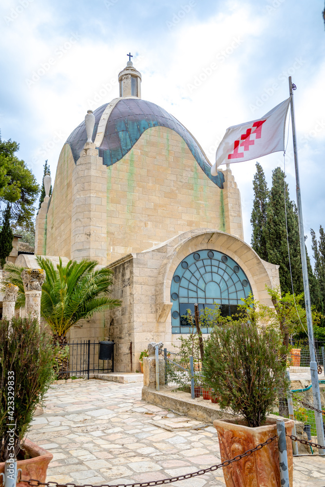 Fototapeta premium Dominus Flevit church located on the Mountain of Olives on the old part of city Jerusalem. Israel march 2021