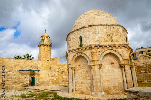 Church of the Ascension, of jesus, with sky clouds in the background. Jerusalem Israel March 2021