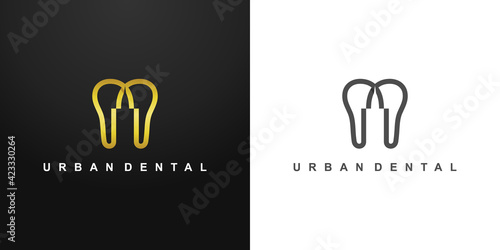 urban dental logo design in gold -  single line logo with tooth and building vector - luxury dentist 