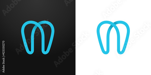 Modern overlapping single line molar tooth logo design in blue - editable dental logo vector
