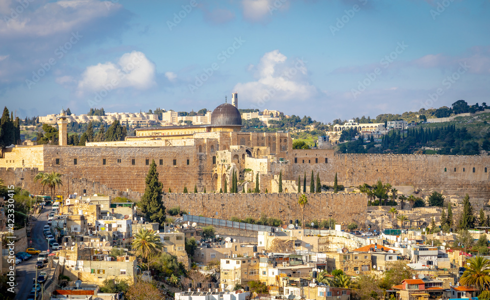 The Old city, Jerusalem. City of David,  Al-Aqsa Mosque and the wall of the Old city, Jerusalém Israel March 2021 
