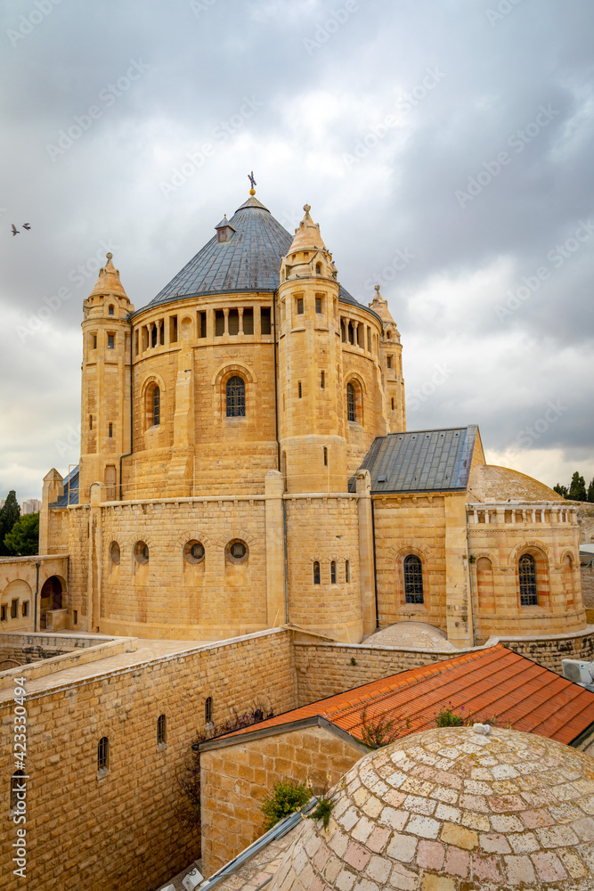 Dormition Abbey at Mount Zion. External facade,  Jerusalem Israel March 2021