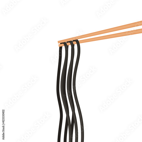 Black noodle and Chopsticks vector. Black noodle on white background.