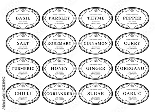 Seasoning kitchen pantry label sticker set organizer black white elips vintage style