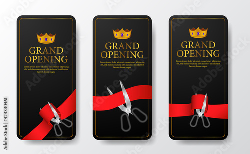 Elegant luxury grand opening social media stories template with golden color and crown and cutting red ribbon