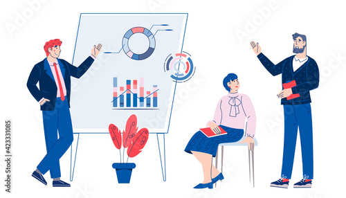 Business seminar with a speaker giving a presentation. Corporate vocational training, vector cartoon illustration isolated white background. Educational conference for business audience.