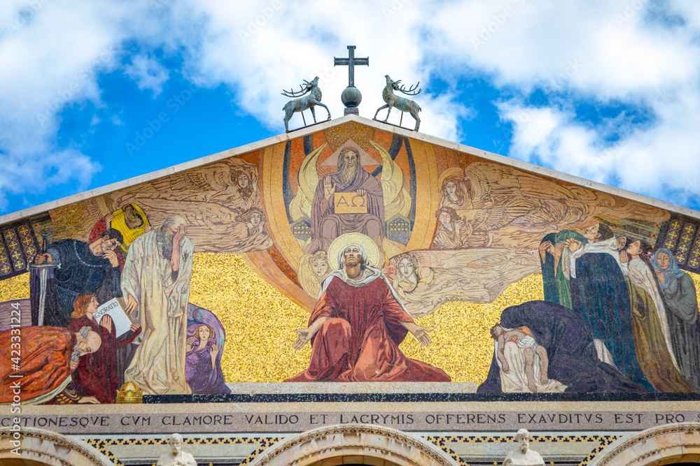 Church of All Nations in Mount of Olives in Jerusalem, 
Mosaic detail , ISRAEL JERUSALEM - MARCH 2021