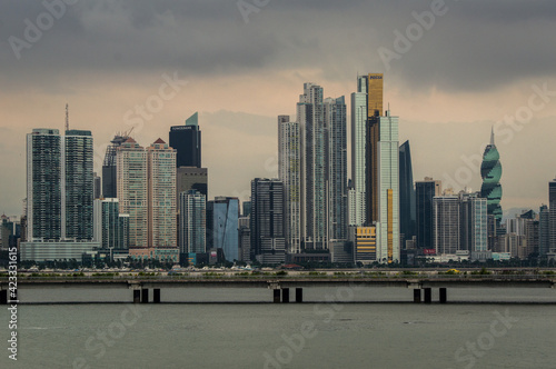 Construction boom in Panama City. Skyline of Panama City on a cloudy day with modern buildings. View from Cinta Costera © khalid