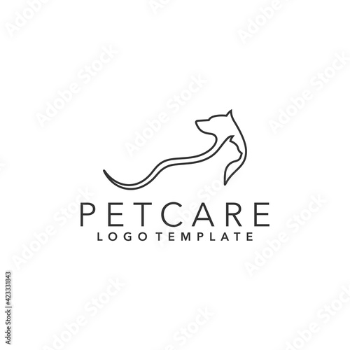 Cat and dog line art logo template vector for pet care company