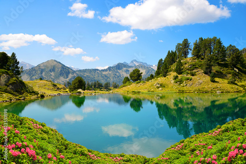 Beautiful mountain landscape in Neouvielle national nature reserve, Lac de Bastan inferieur, French Pyrenees.