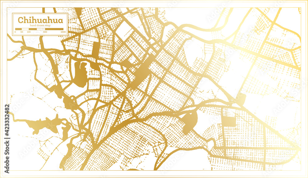 Chihuahua Mexico City Map in Retro Style in Golden Color. Outline Map.