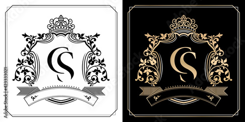 CS royal emblem with crown, set of black and white labels, initial letter and graphic name Frames Border of floral designs, CS Monogram, for insignia, initial letter frames border, wedding couple name